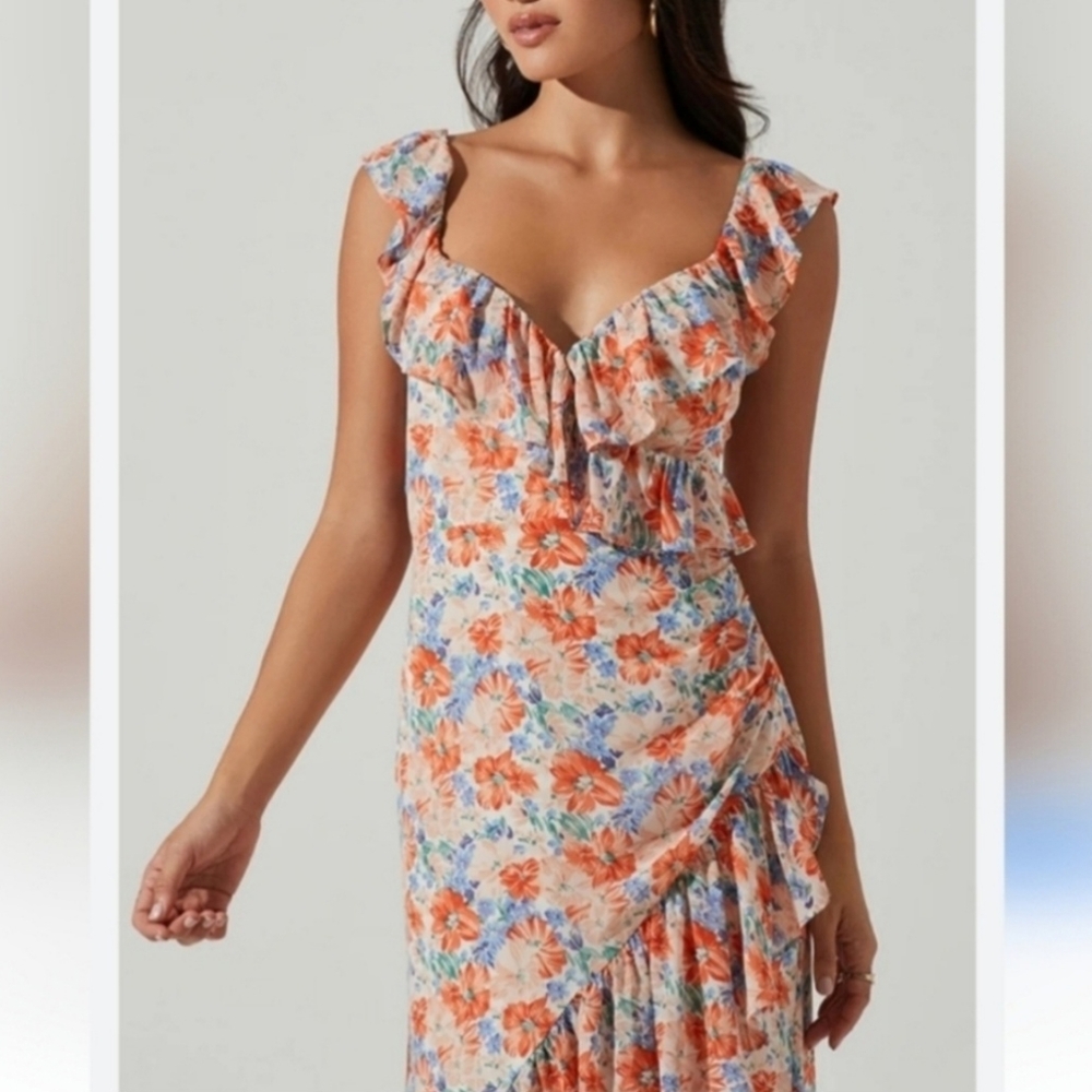 Astr The Label Mahalia Dress In Blue And Orange Floral Size Small